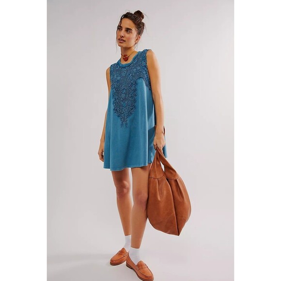 Free People Lavender Fields Mini Dress Tank Floral Cutwork Cotton Blue S 284166 - Picture 4 of 9